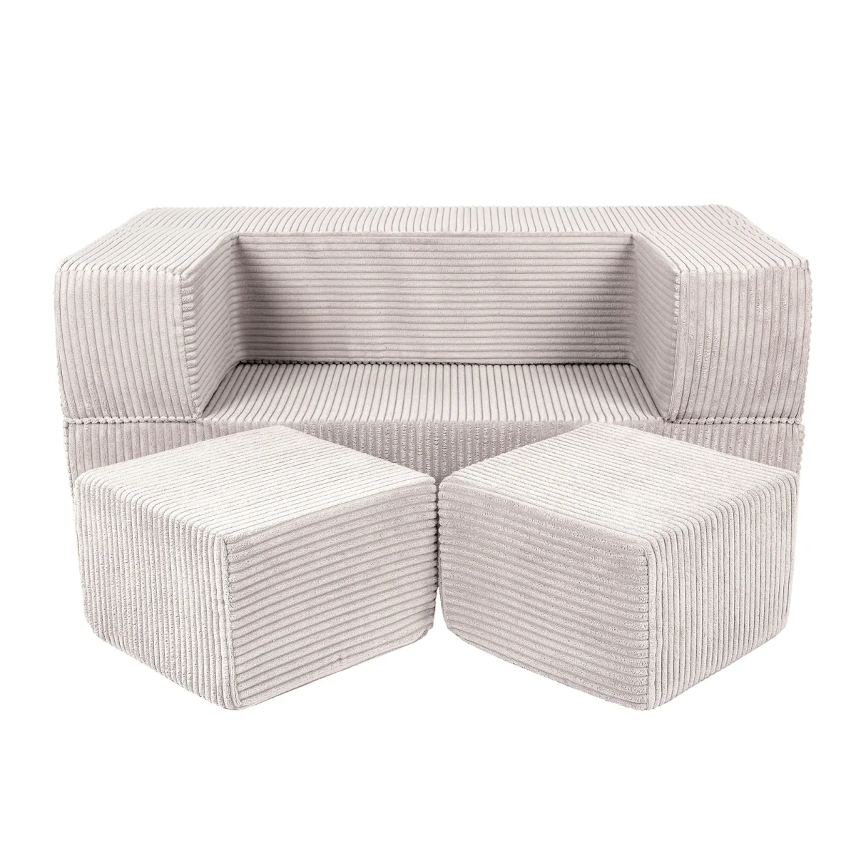 Soft Corduroy Cube Sofa with Two Poufs