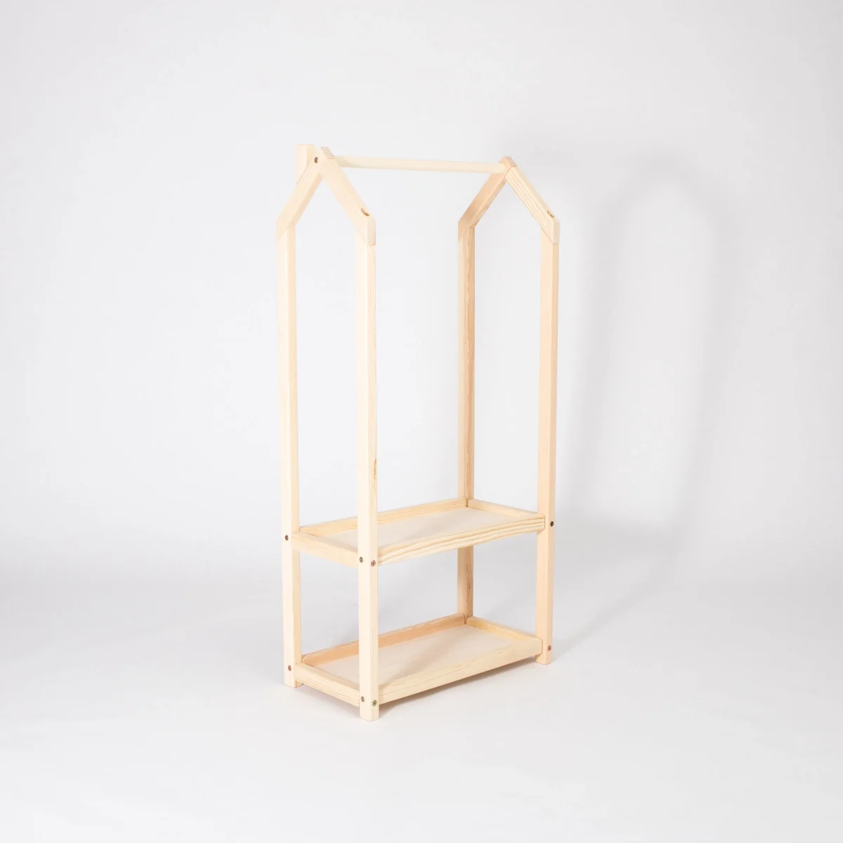 House-Shaped Clothing Rack with Storage — Natural Pine Wood