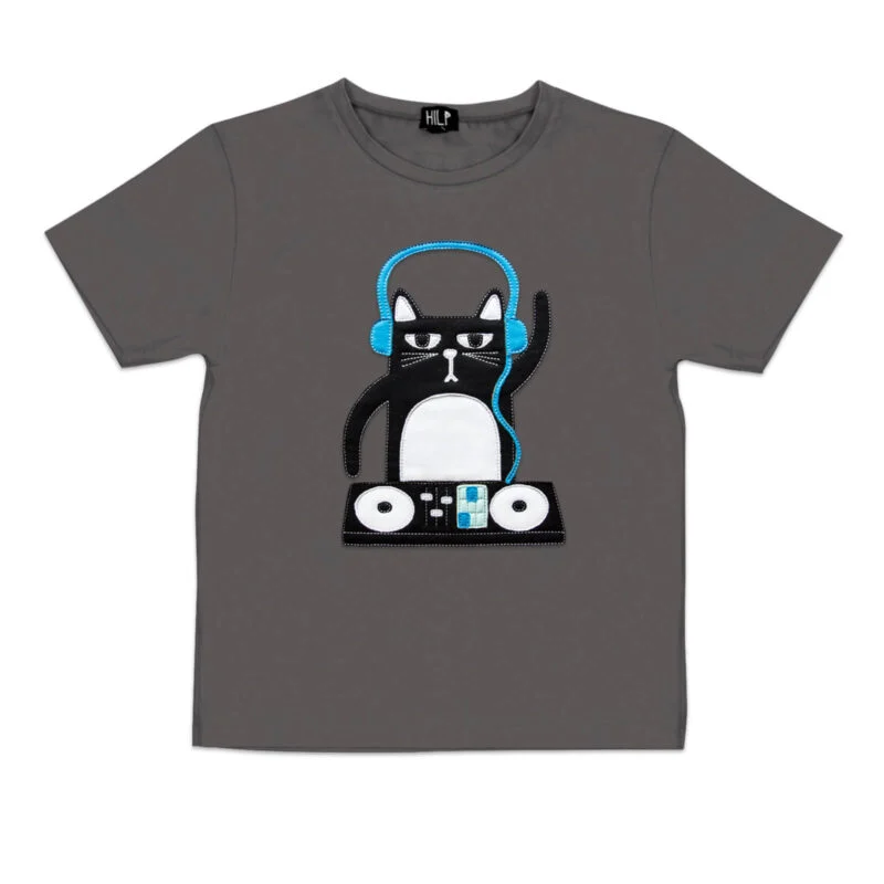 DJ Cat Print Kids T-Shirt — Grey