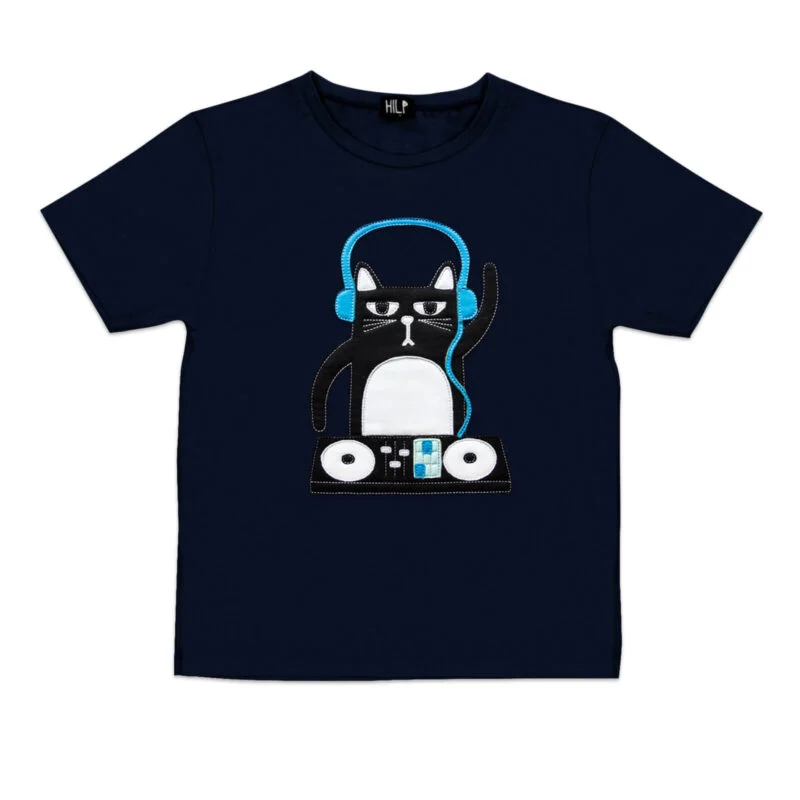 DJ Cat Print Kids T-Shirt — Navy