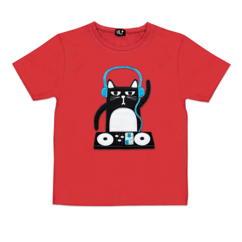 DJ Cat Print Kids T-Shirt — Red