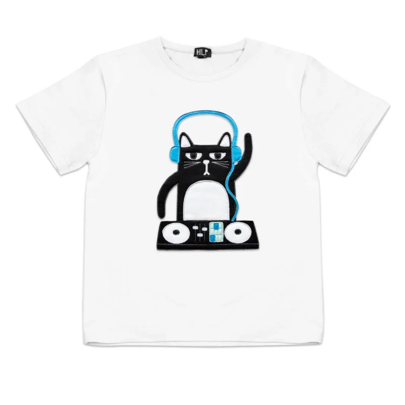 DJ Cat Print Kids T-Shirt — White