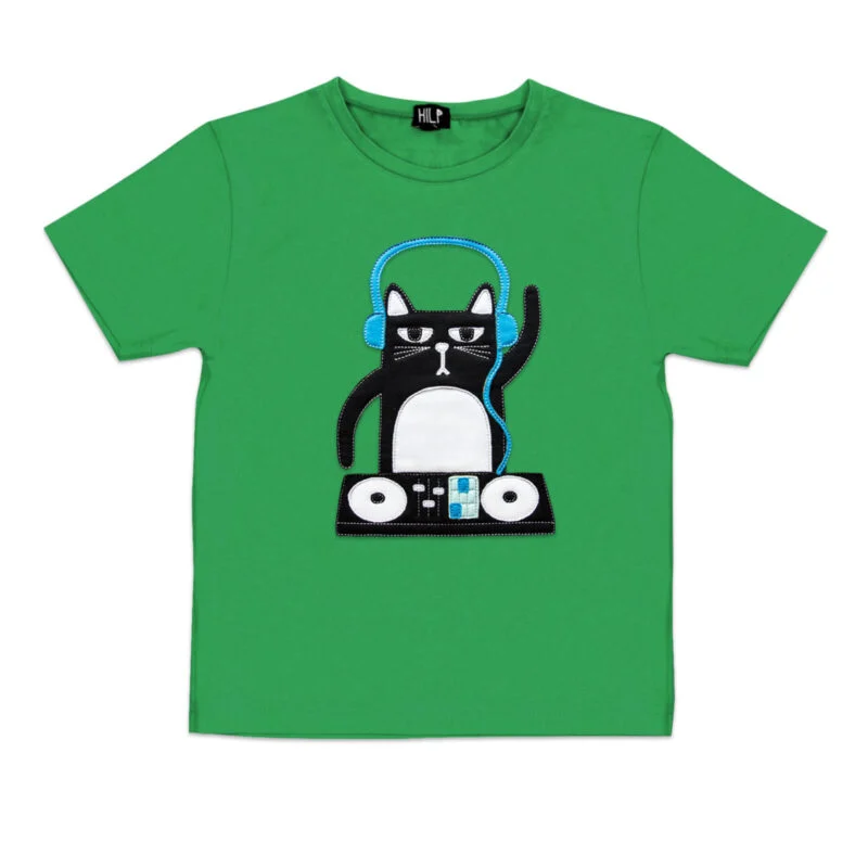 DJ Cat Print Kids T-Shirt — Green