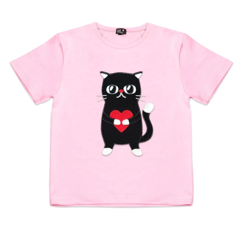 Heartful Cat Print Kids T-Shirt — Light Pink