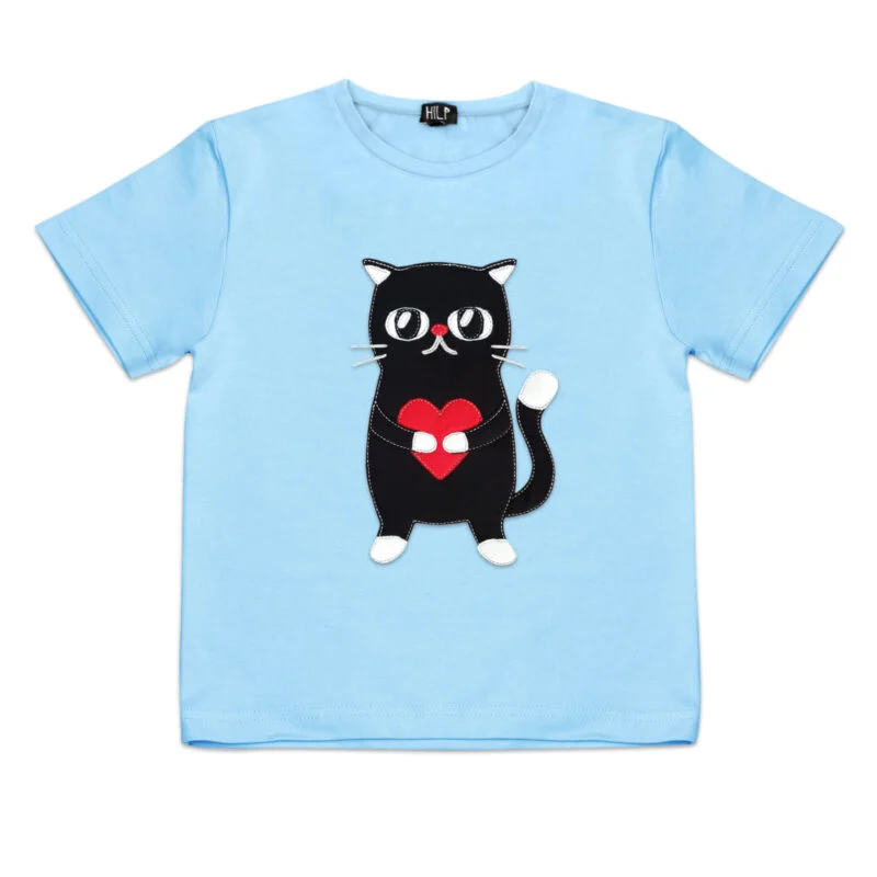 Heartful Cat Print Kids T-Shirt — Light Blue