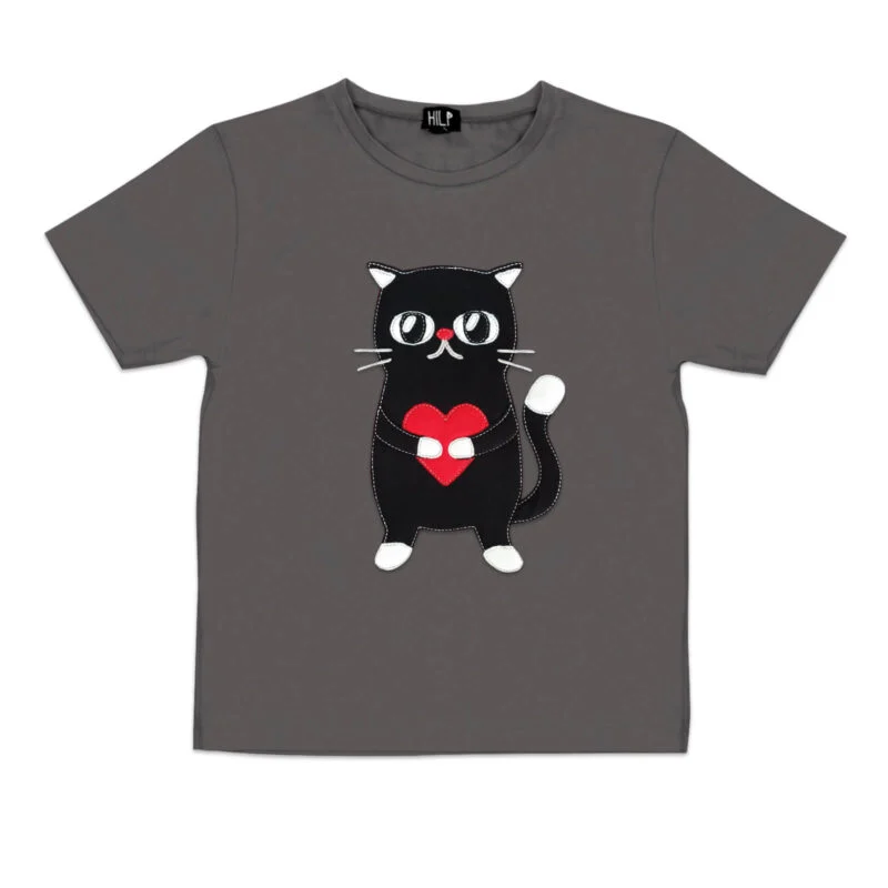 Heartful Cat Print Kids T-Shirt — Grey