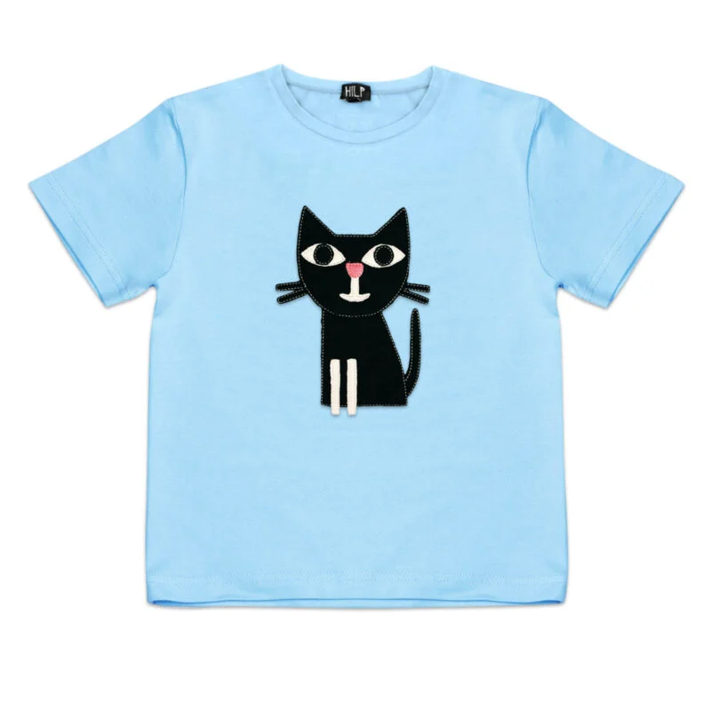 Cat Print Kids T-Shirt — Light Blue