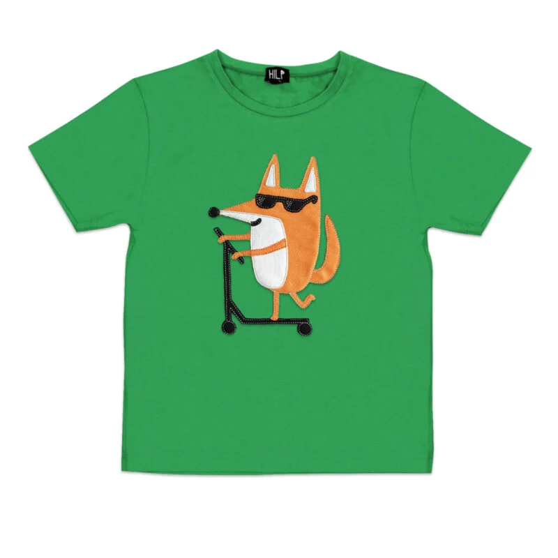 Scootering Fox Print Kids T-Shirt — Green