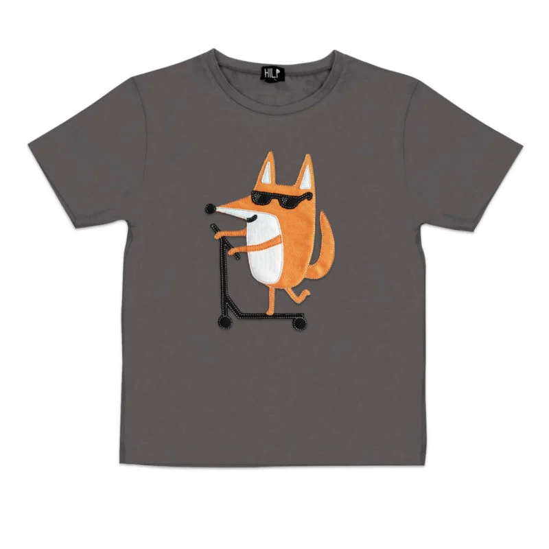 Scootering Fox Print Kids T-Shirt — Grey