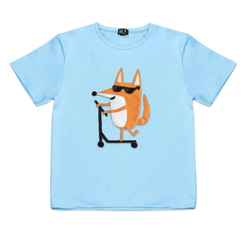 Scootering Fox Print Kids T-Shirt — Light Blue