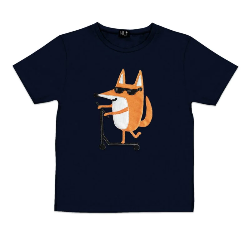 Scootering Fox Print Kids T-Shirt — Navy