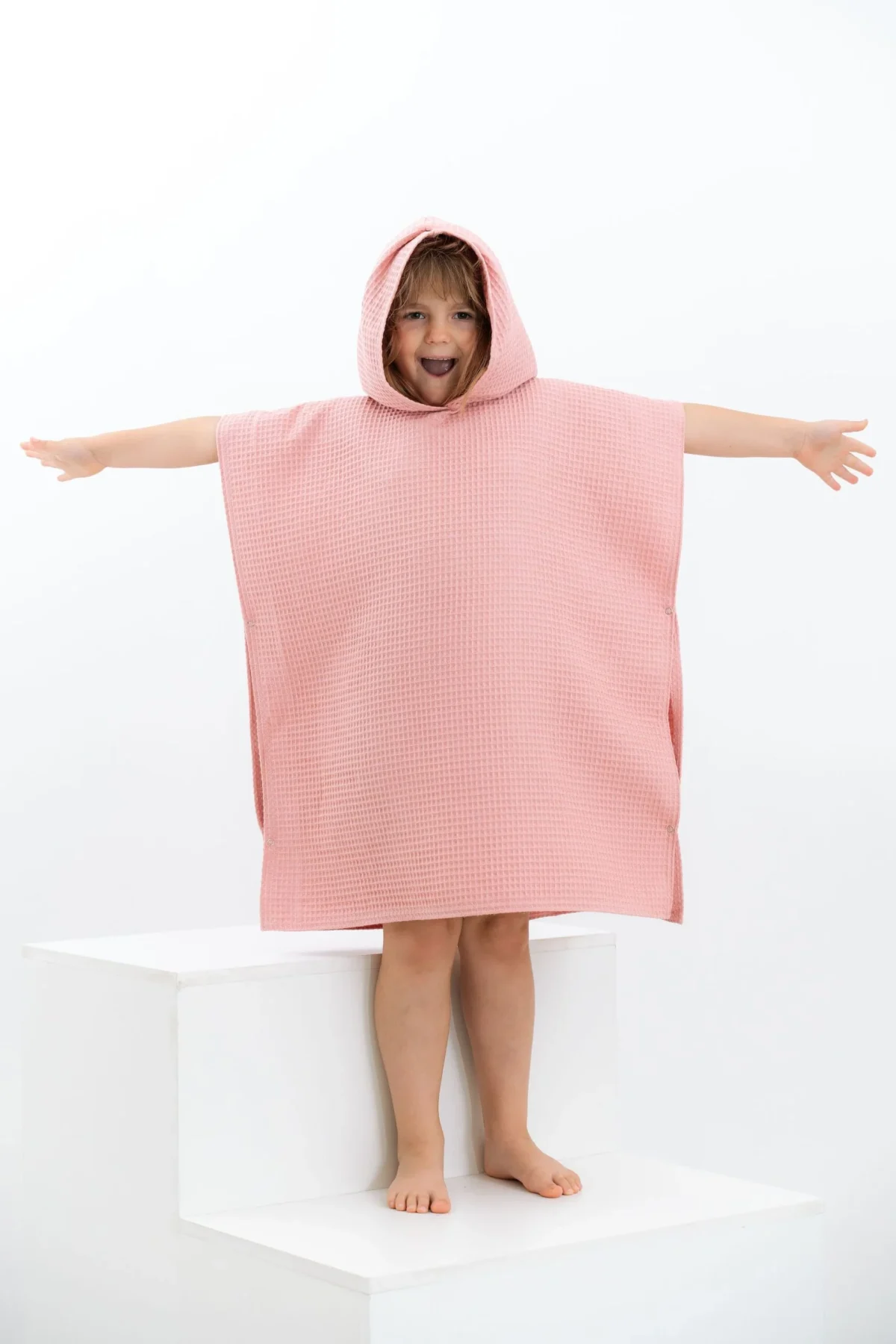 Hooded Towel Poncho, Waffle Cotton — Peach
