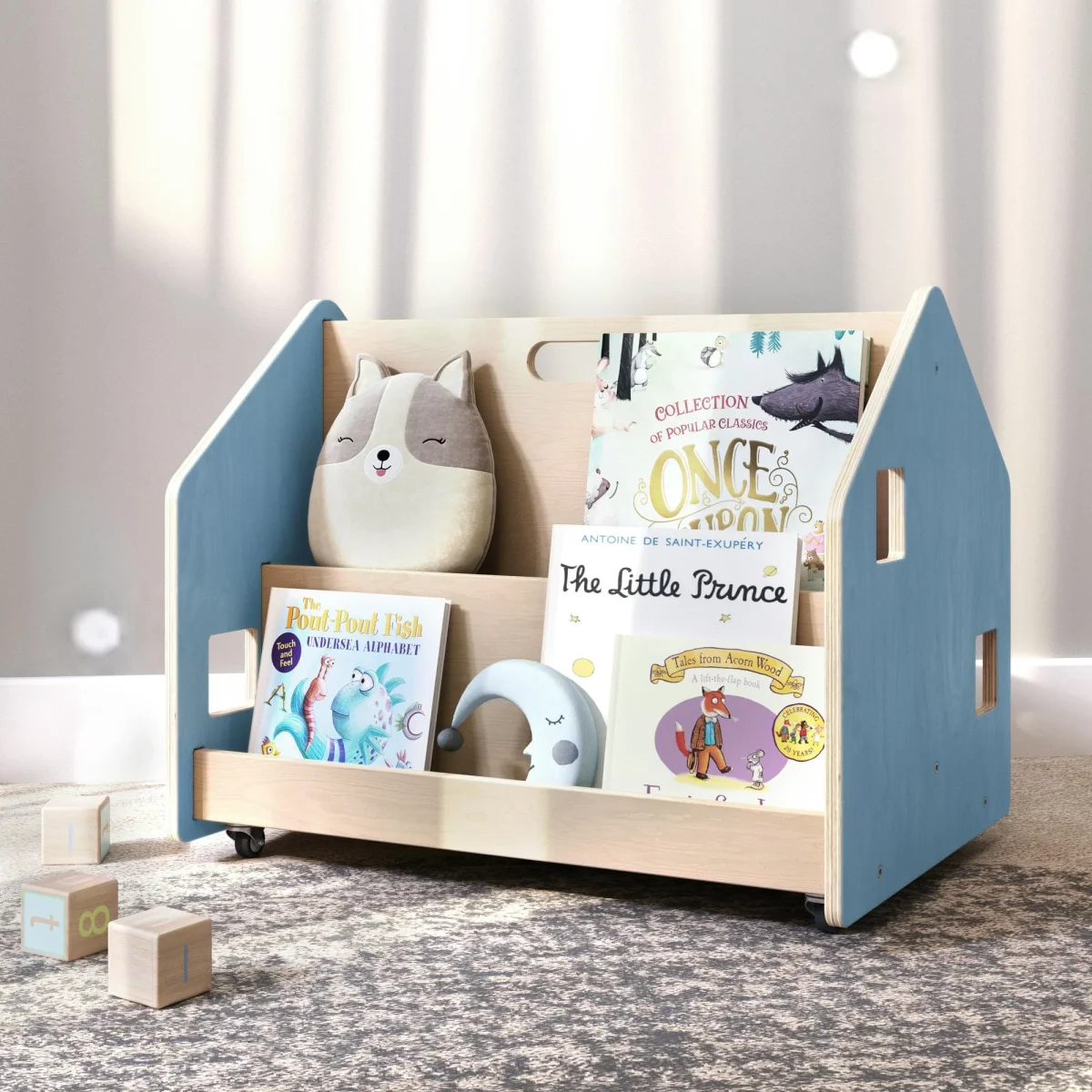 Double-Sided Rolling Bookshelf in Light Blue