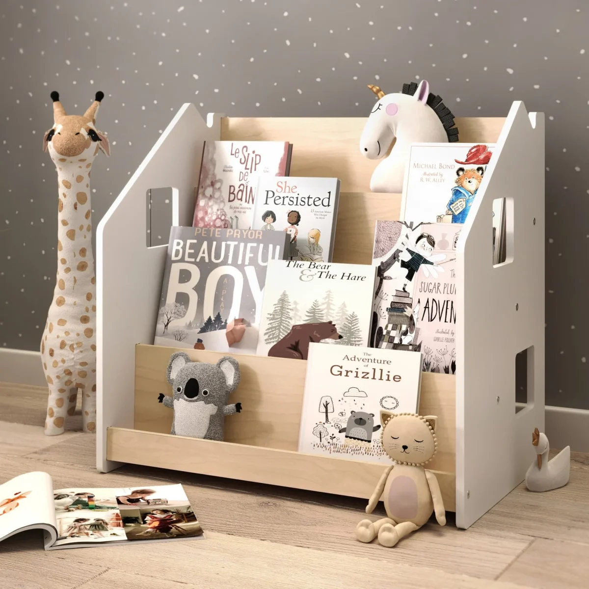 Front-Facing Montessori Bookshelf in Grey or White, photo 3