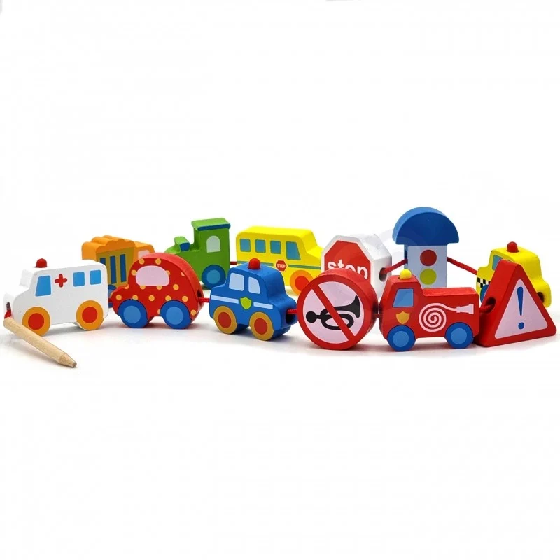 Wooden Threading Blocks Vehicles, 12 pcs