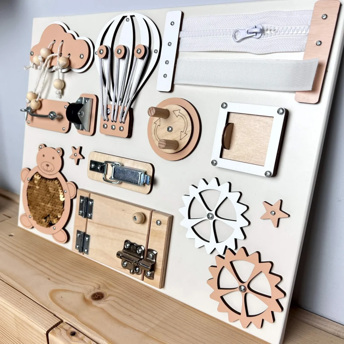 Small Busy Board with Doors, 30 × 40 cm — Beige