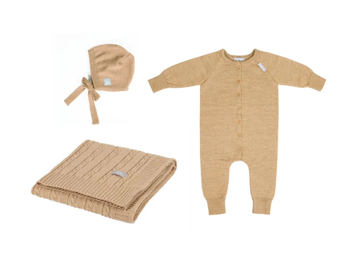 JOY Merino Gift Set: Braided Blanket, Romper and Bonnet — Caramel
