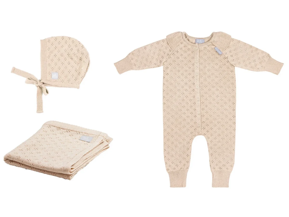 LOVE Merino Gift Set with Floral Blanket — Beige, Blanket, Romper and Bonnet