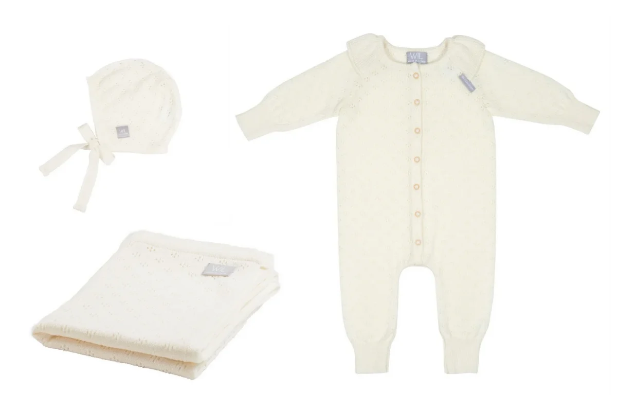 LOVE Merino Gift Set with Floral Blanket — White, Blanket, Romper and Bonnet