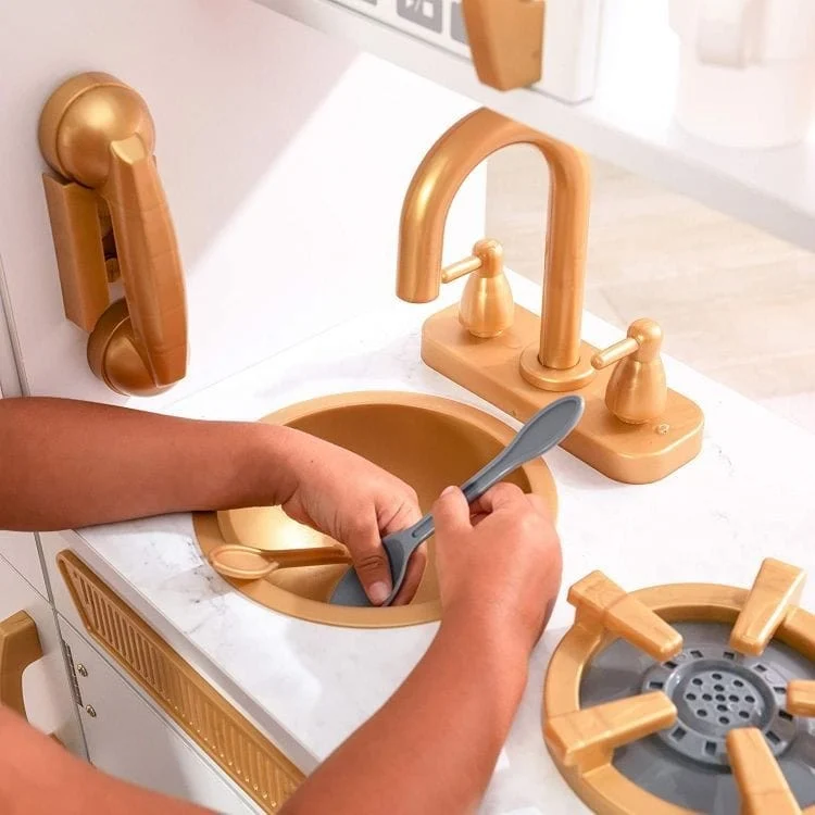 Large White and Gold Wooden Play Kitchen for Children, photo 4