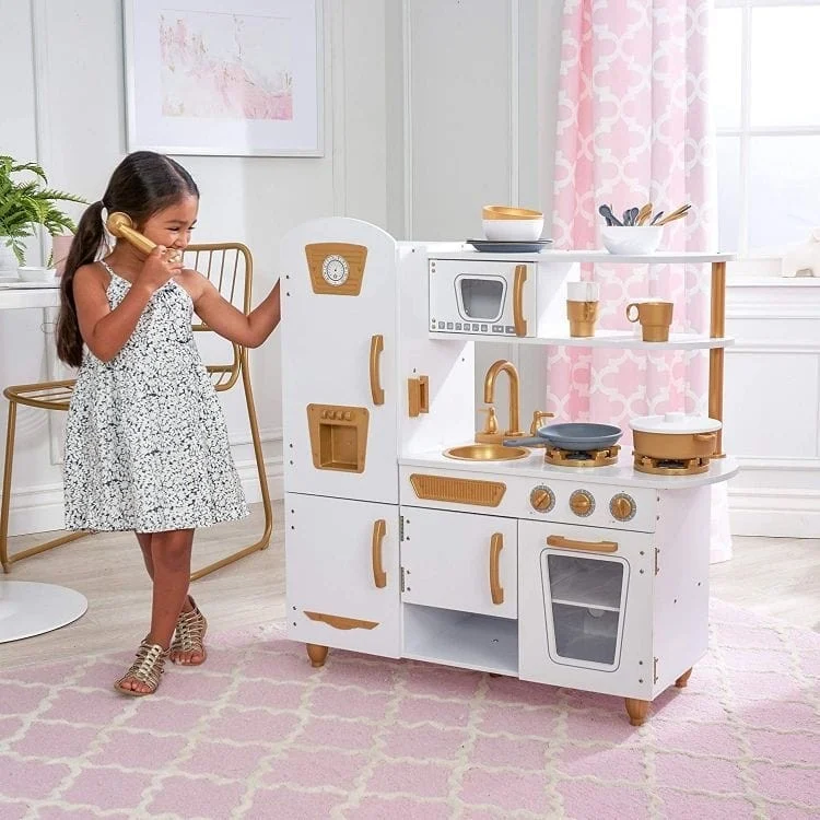 Large White and Gold Wooden Play Kitchen for Children, photo 2