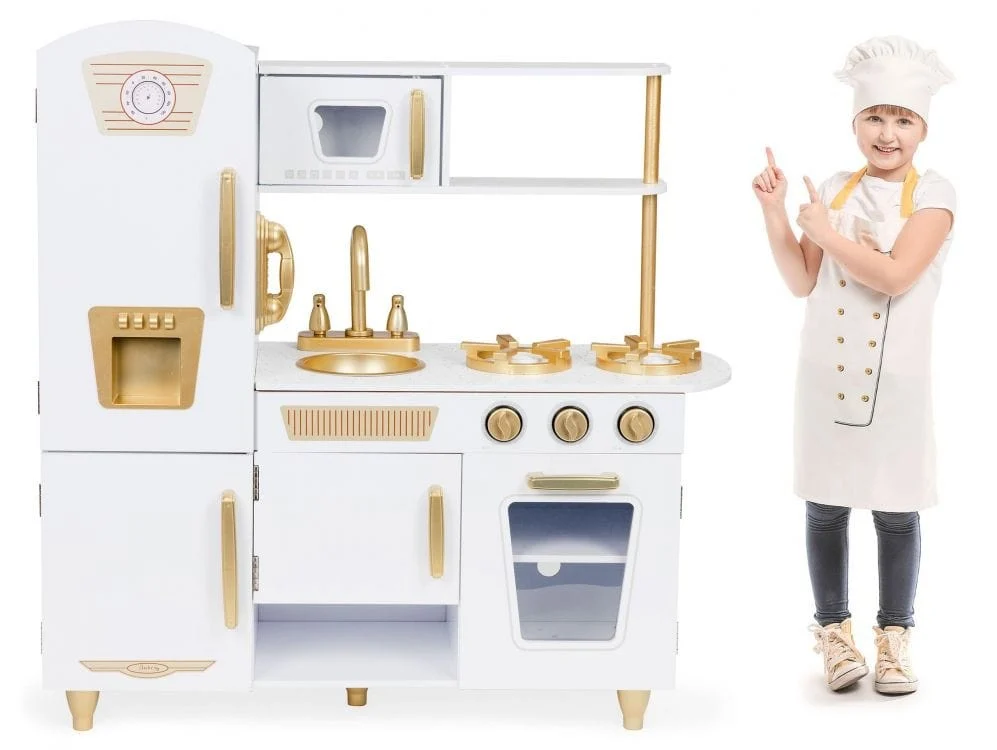 Large White and Gold Wooden Play Kitchen for Children, photo 3