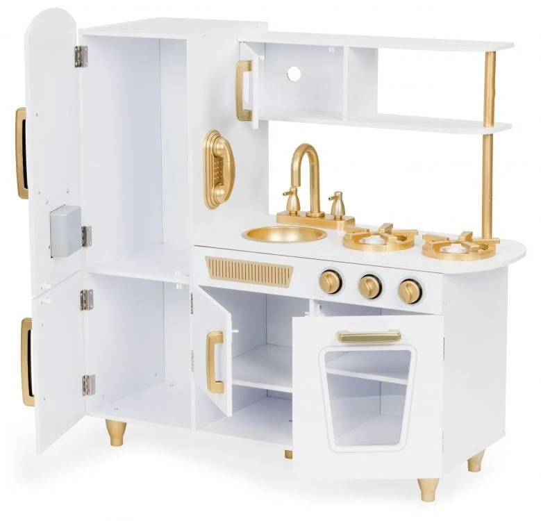 Large White and Gold Wooden Play Kitchen for Children, photo 9