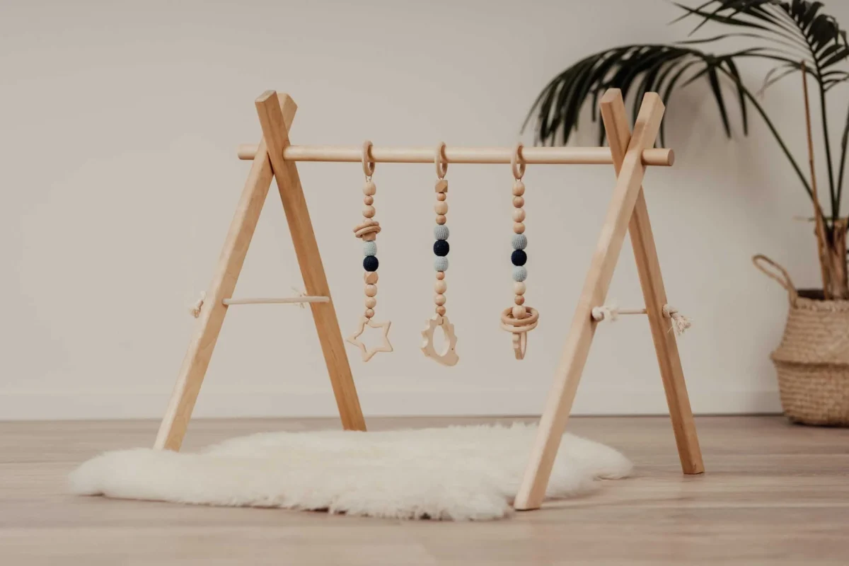 Wooden Baby Gym with Blue Hanging Toys