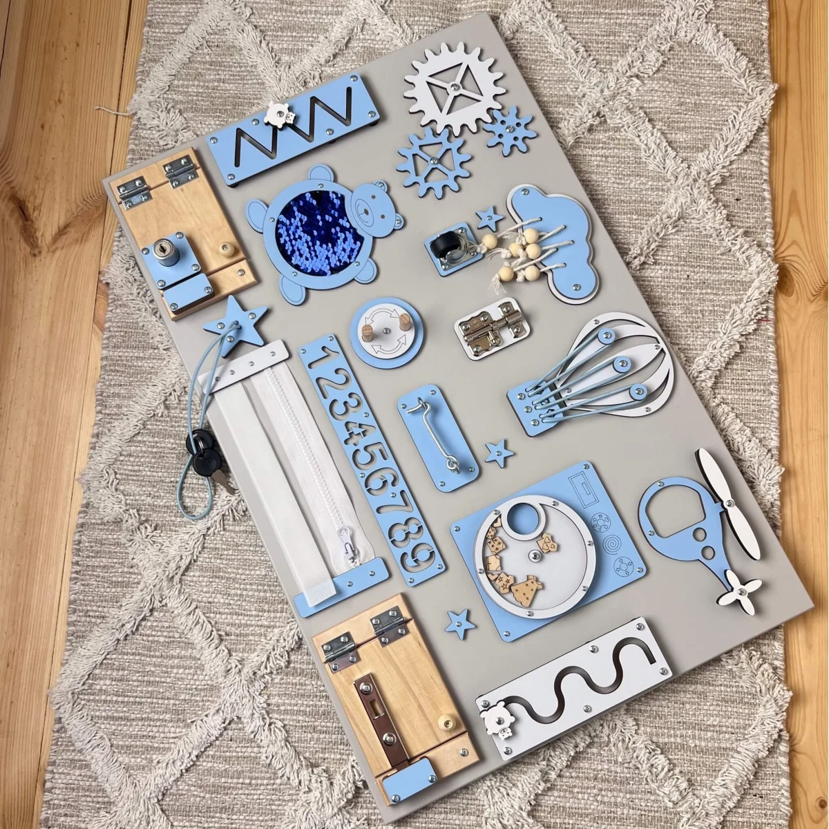 Busy Board with Doors and Locks, 40 × 60 cm — Blue
