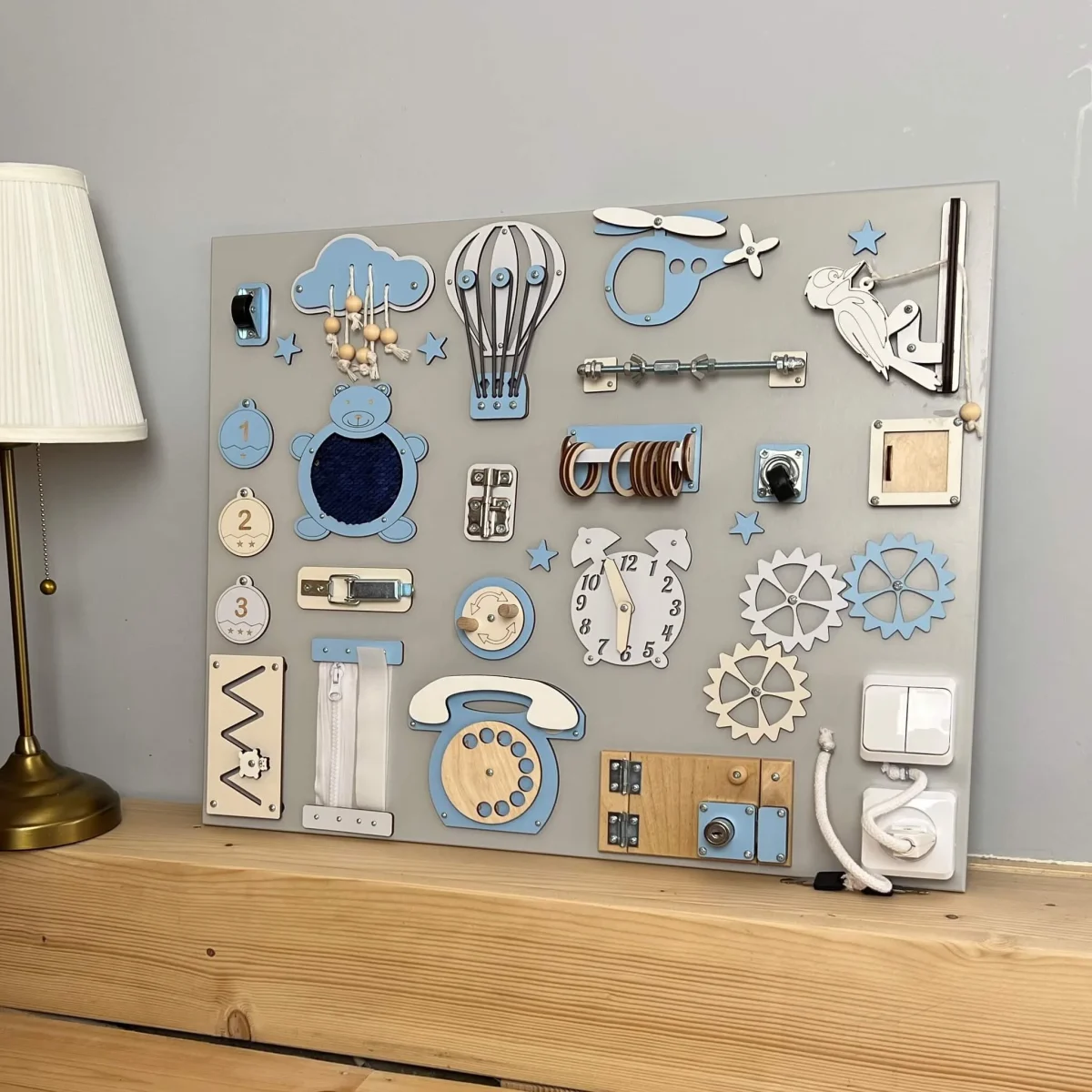 BusyBunnyToys Marvel — Montessori Busy Board, 50 × 60 cm — Light Blue