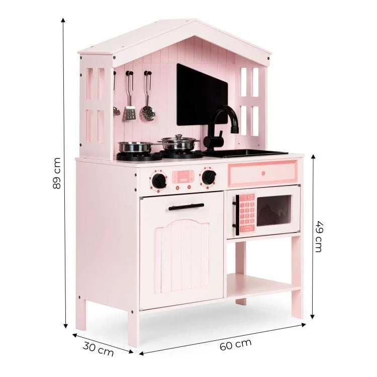 Pink Wooden Play Kitchen with Oven, Burners, Microwave and Accessories, photo 6