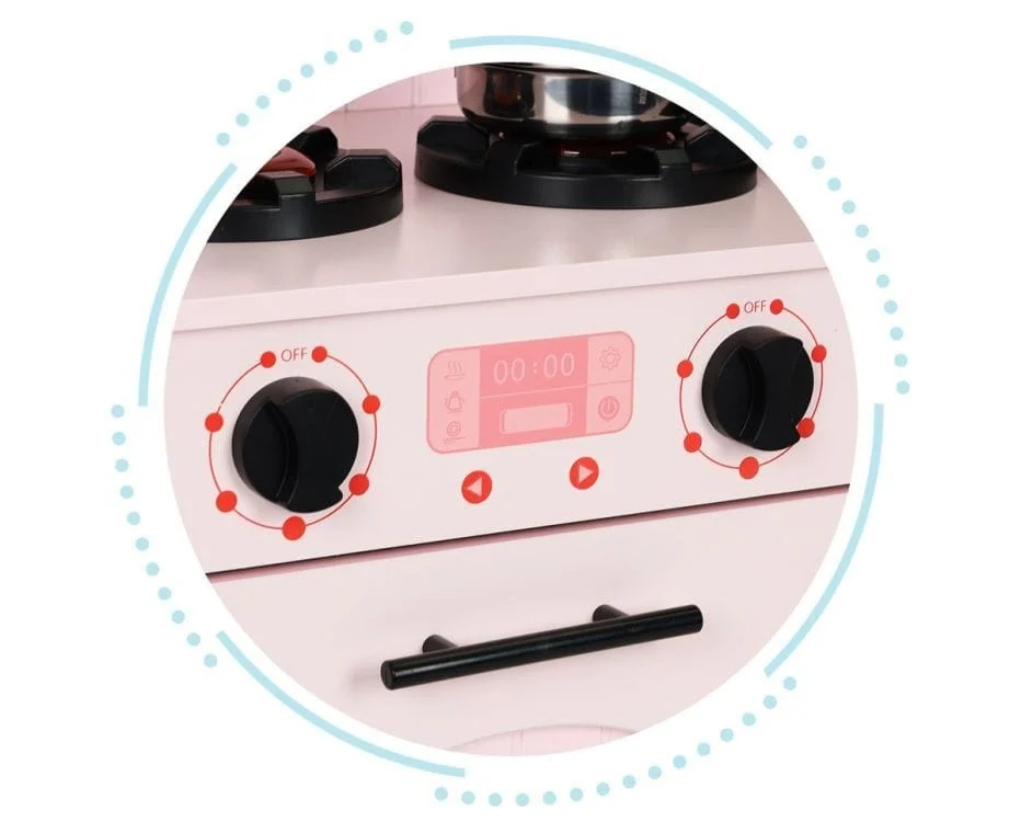 Pink Wooden Play Kitchen with Oven, Burners, Microwave and Accessories, photo 3