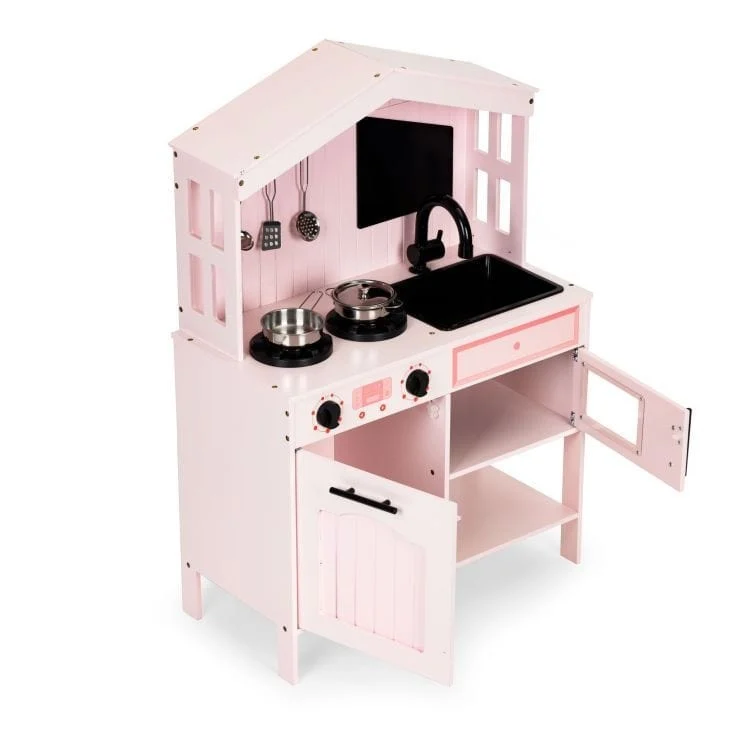 Pink Wooden Play Kitchen with Oven, Burners, Microwave and Accessories, photo 2