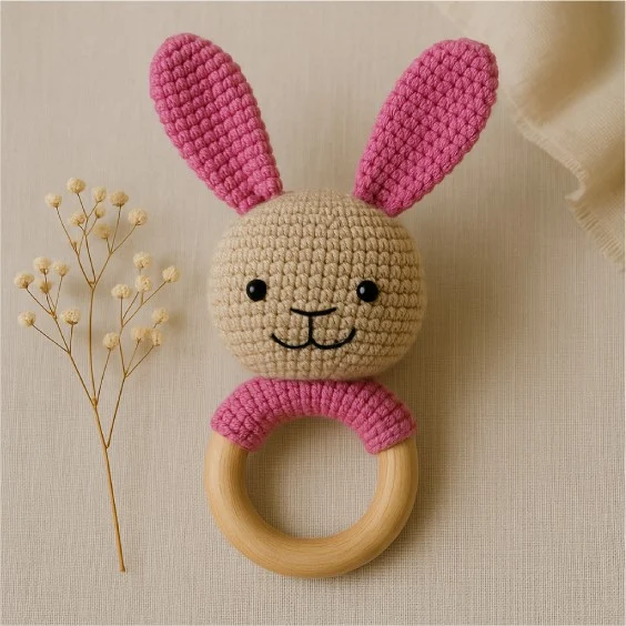 Crocheted Rattle Bunny with Wooden Ring