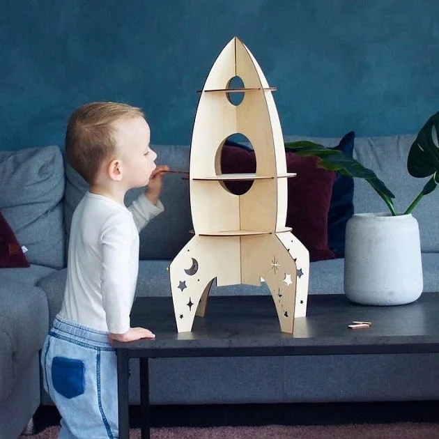 Rocket-Shaped Plywood Shelf with Cut-Out Stars