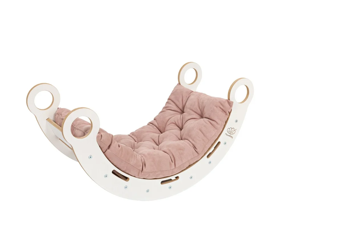MeowBaby Dream Rocker — White Wooden Rocker with Pillow and Slide — Light Dusty Pink