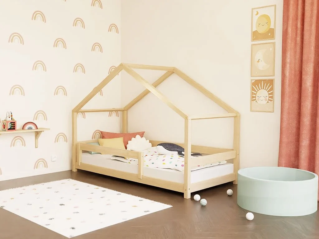 Benlemi LUCKY — House Bed with Front Roof and Safety Rail, 80–90 cm
