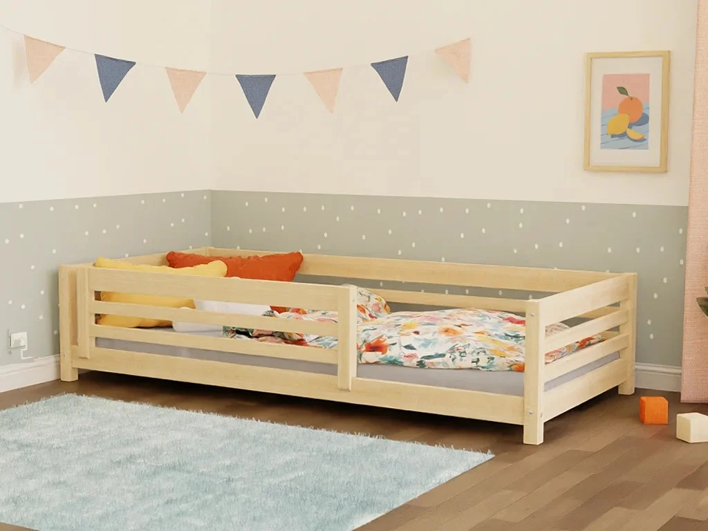 Benlemi TULY — Low Spruce Bed with Safety Rail, 80 cm