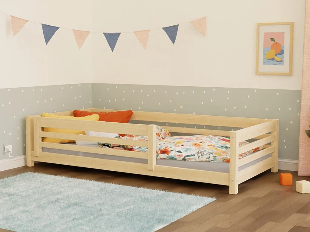 Benlemi TULY — Low Spruce Bed with Safety Rail, 90 cm