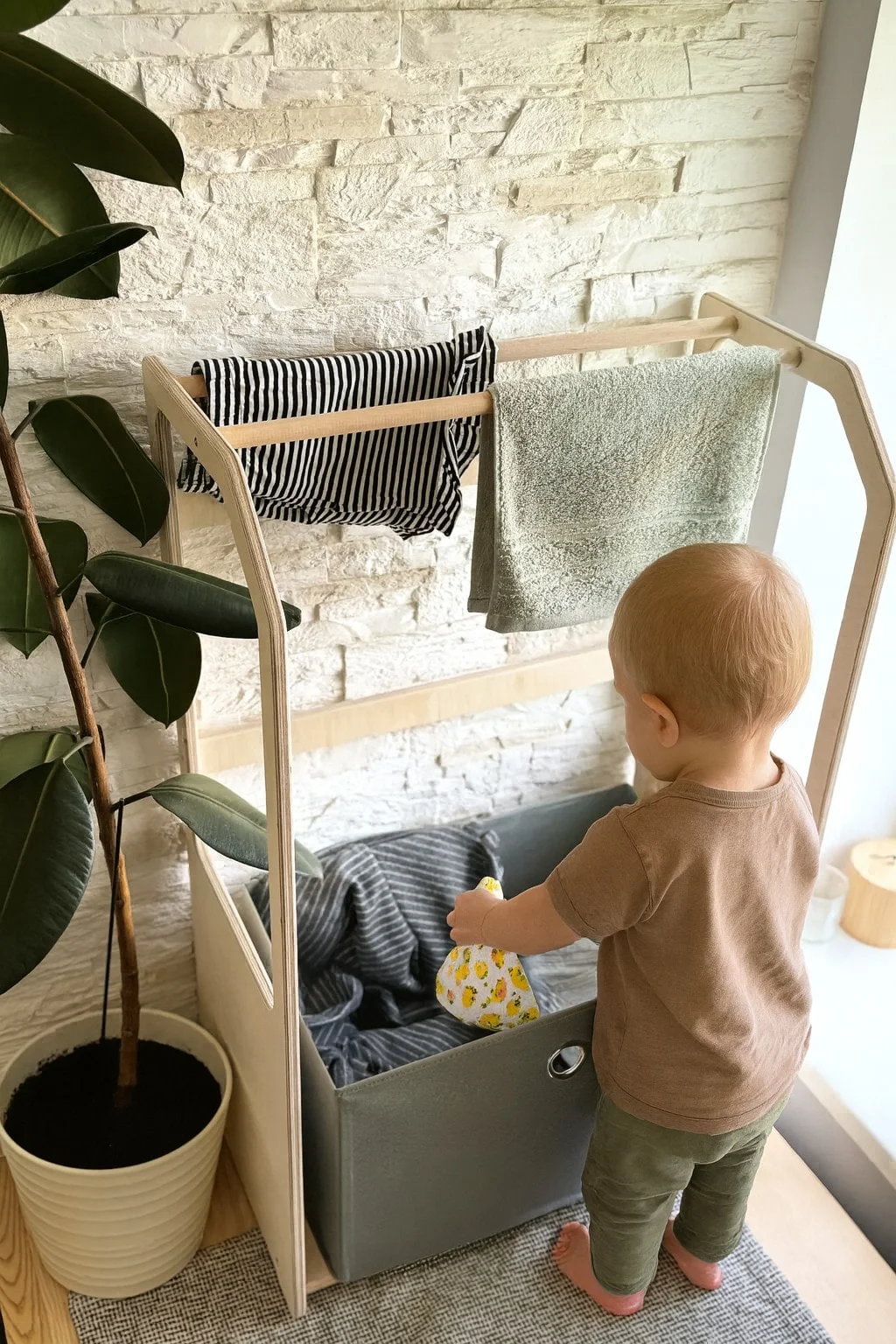 Child-Size Wooden Drying Rack with Beige Laundry Basket