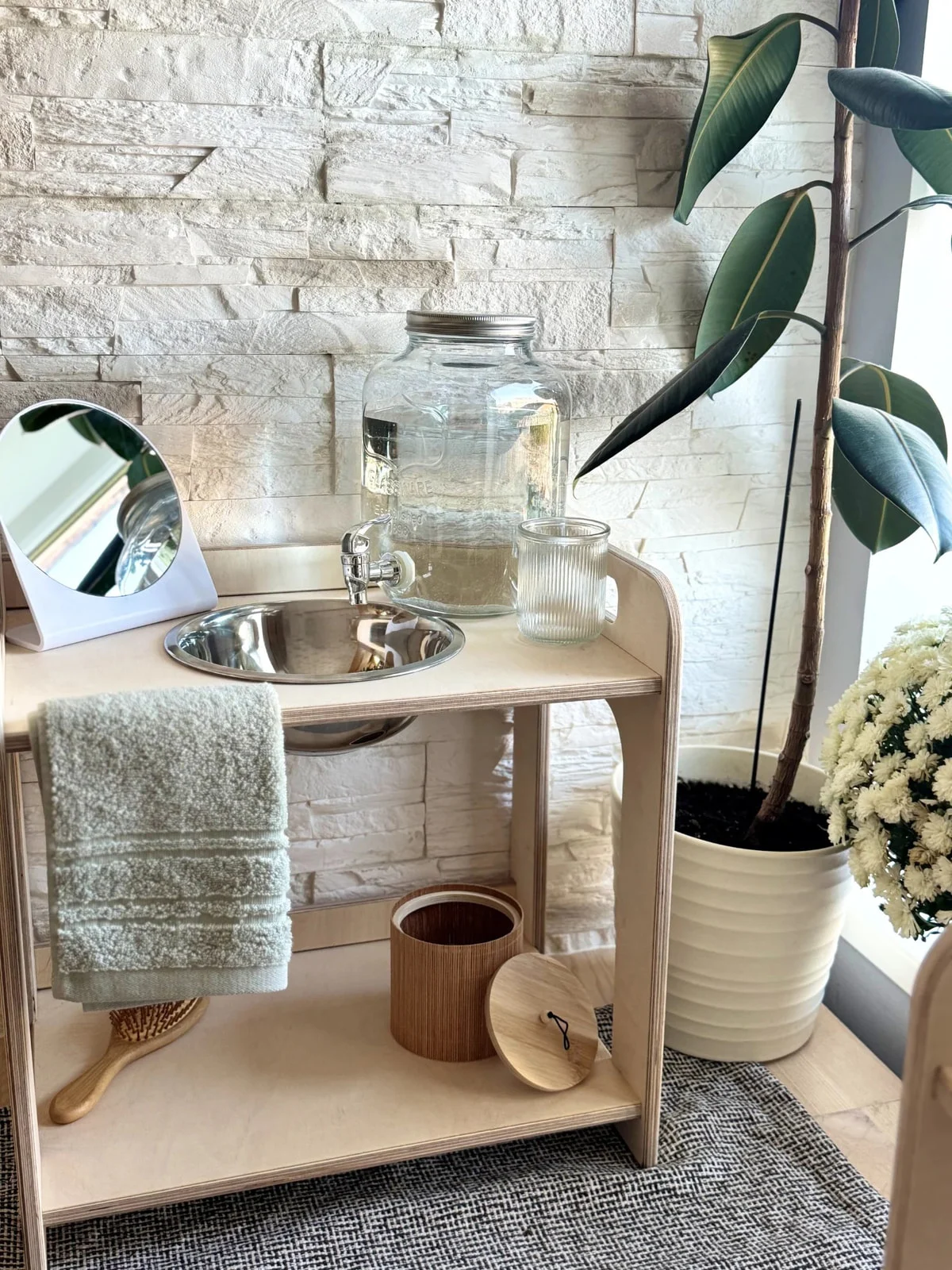 Small Montessori Wash Stand with Open Enamel Bowl