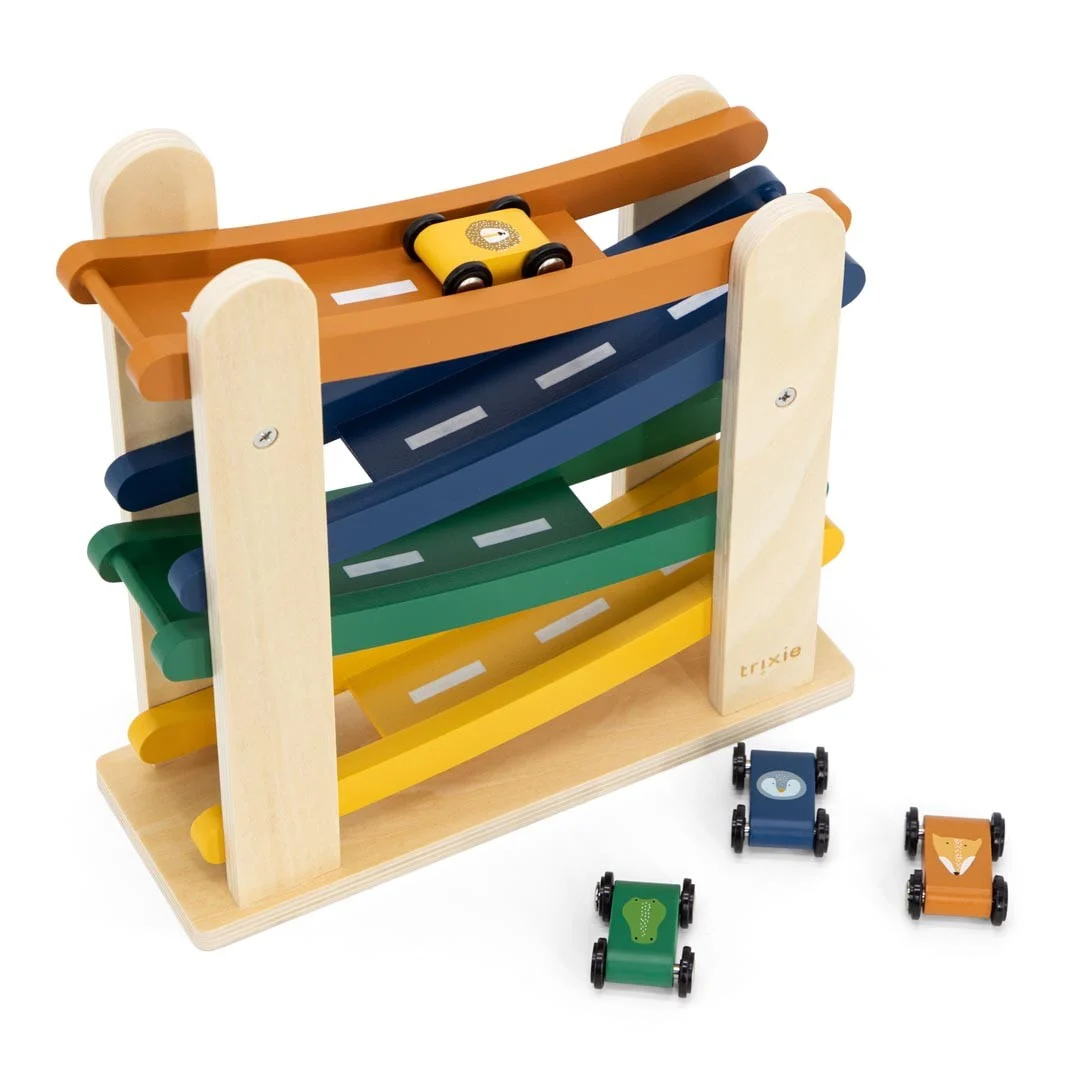 Wooden Car Race Track with 4 Animal Cars